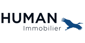 Logo Human : Industrie, Technologie et Vol d'Oiseau Logo sombre bleu foncé pour 'HUMAN' avec un motif de lignes verticales, sous-texte illisible et une silhouette d'oiseau en vol à droite, évoquant l'industrie ou la technologie.